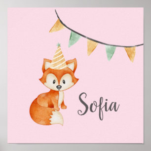 Cute Fox Woodland Party Hat Happy Birthday Pink Poster