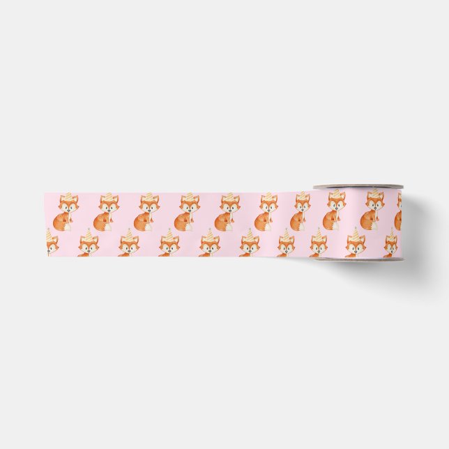 Cute Fox Woodland Party Hat Happy Birthday Pink Satin Ribbon (Front)