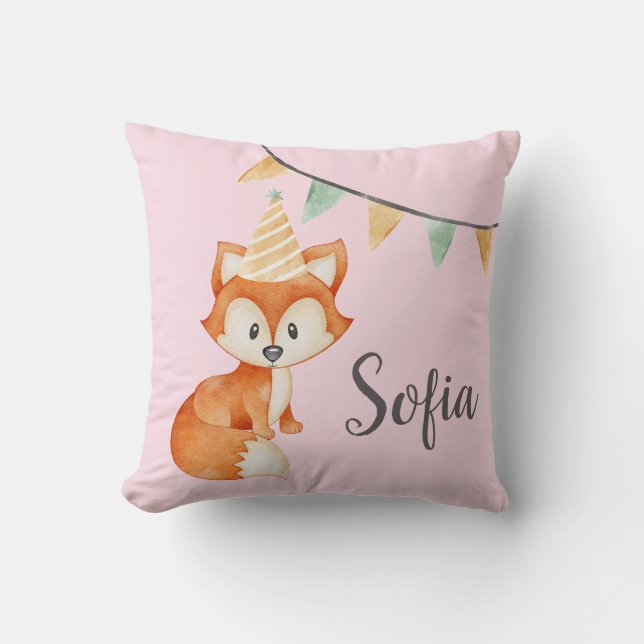 Cute Fox Woodland Party Hat Happy Birthday Pink Throw Pillow (Front)