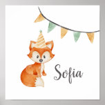 Cute Fox Woodland Party Hat Happy Birthday Poster<br><div class="desc">Round off your child's birthday party favors with these kids party decorations with a pastel illustration featuring a cute fox wearing a party hat on a pink background for a woodland theme.</div>
