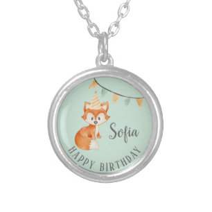 Cute Fox Woodland Party Hat Happy Birthday Silver Plated Necklace