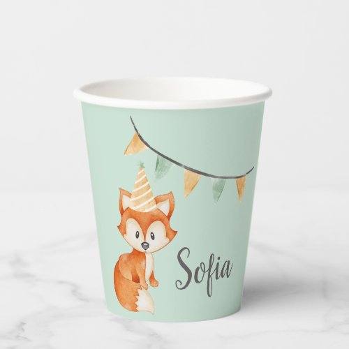 Cute Fox Woodland Party Hat Mint Birthday Paper Cups