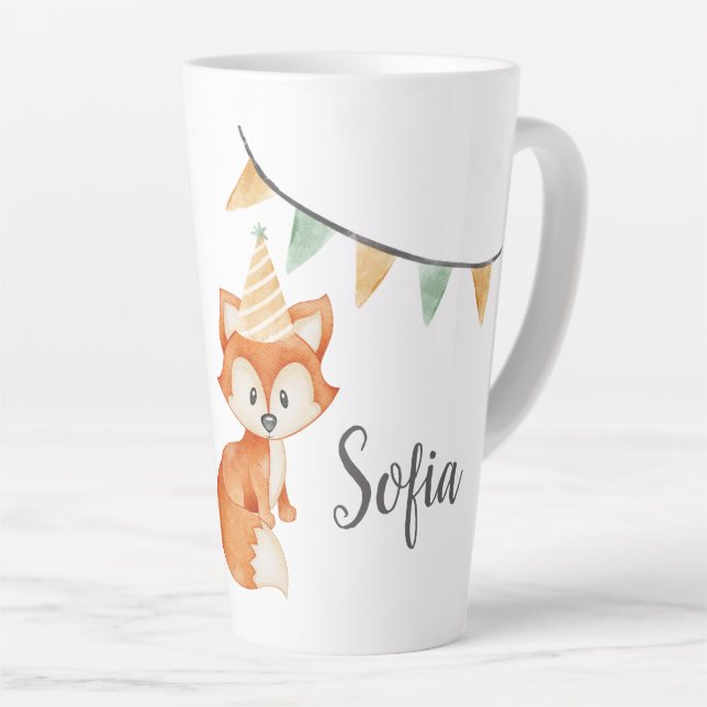 Cute Fox Woodland Party Hat pink Latte Mug (Right Angle)