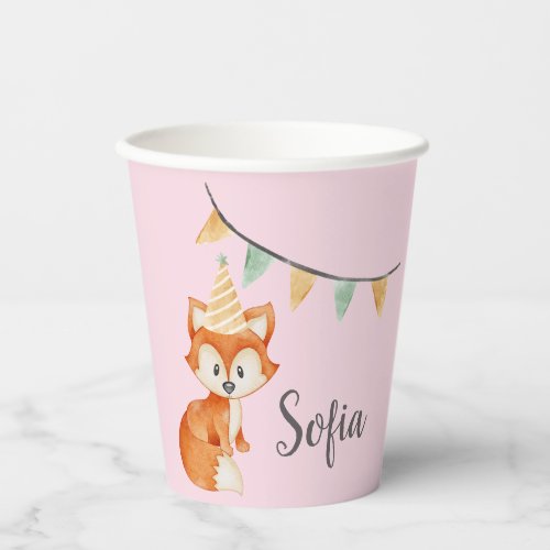 Cute Fox Woodland Party Hat pink Paper Cups