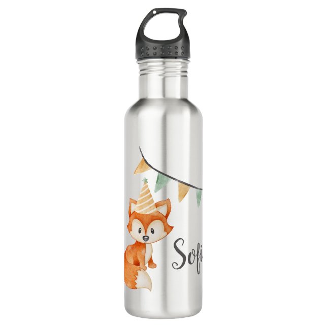Cute Fox Woodland Party Hat pink Stainless Steel Water Bottle (Front)