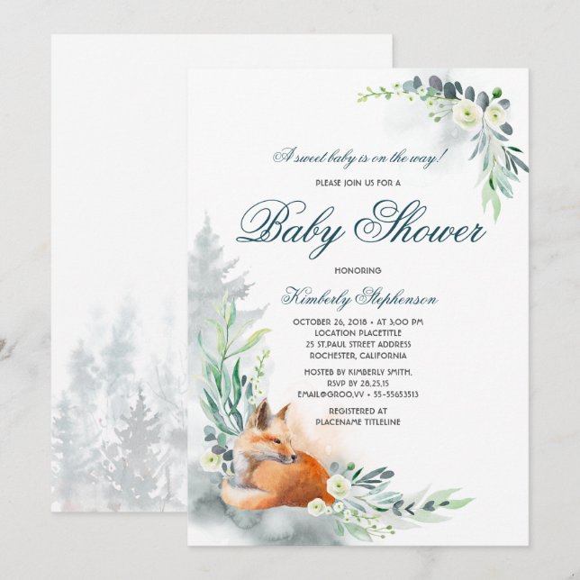 Cute Fox Woodland Spring Baby Shower Invitation (Front/Back)