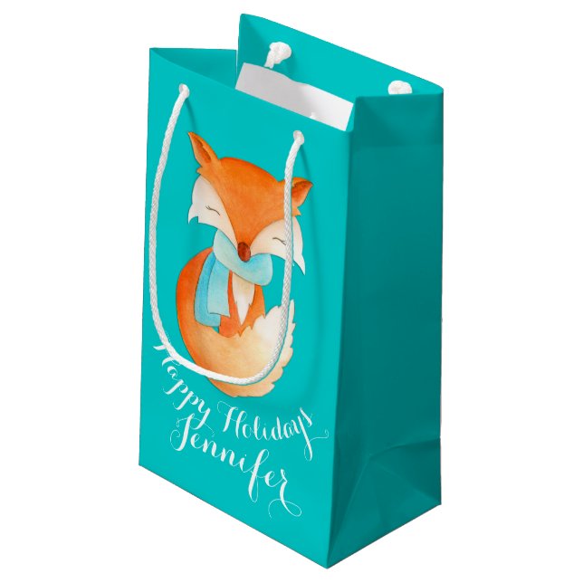 Cute fox wrapped up art named christmas gift bag (Back Angled)