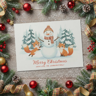Cute Foxes and Snowman Merry Christmas Holiday Card