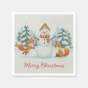 Cute Foxes and Snowman Merry Christmas Napkins