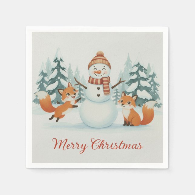 Cute Foxes and Snowman Merry Christmas Napkins (Front)