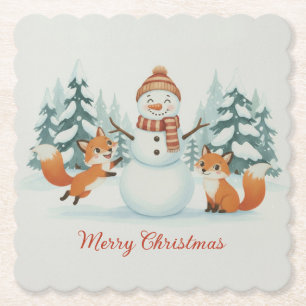 Cute Foxes and Snowman Merry Christmas Paper Coaster