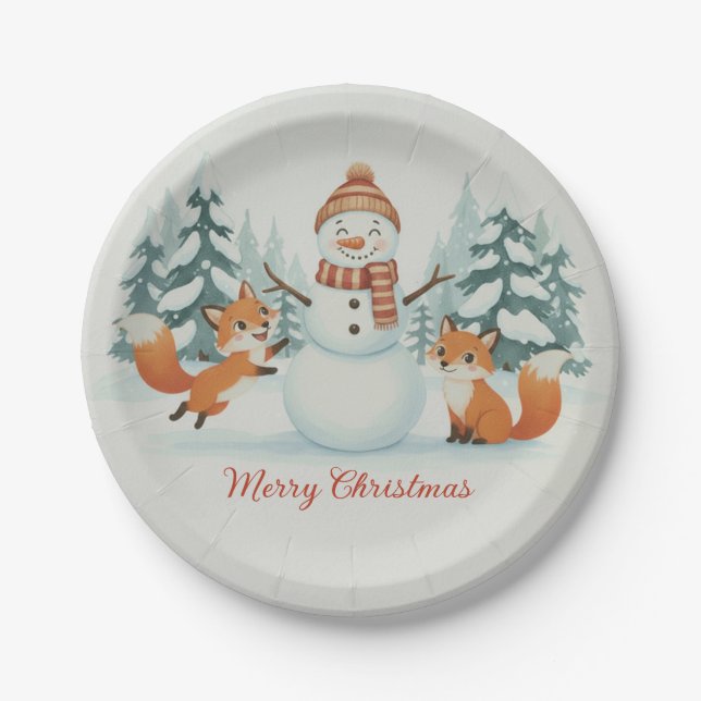 Cute Foxes and Snowman Merry Christmas Paper Plates (Front)