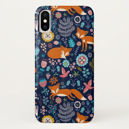 Cute Foxes Birds  Colorful Flowers Pattern iPhone XS Case