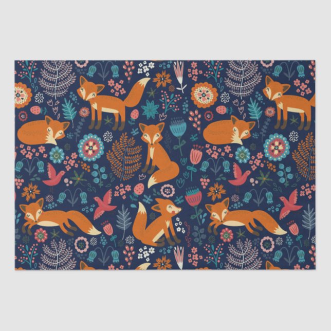 Cute Foxes Birds & Flowers Pattern Tissue Paper (Front)