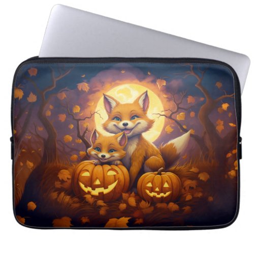 Cute foxes celebrate happy Halloween Laptop Sleeve