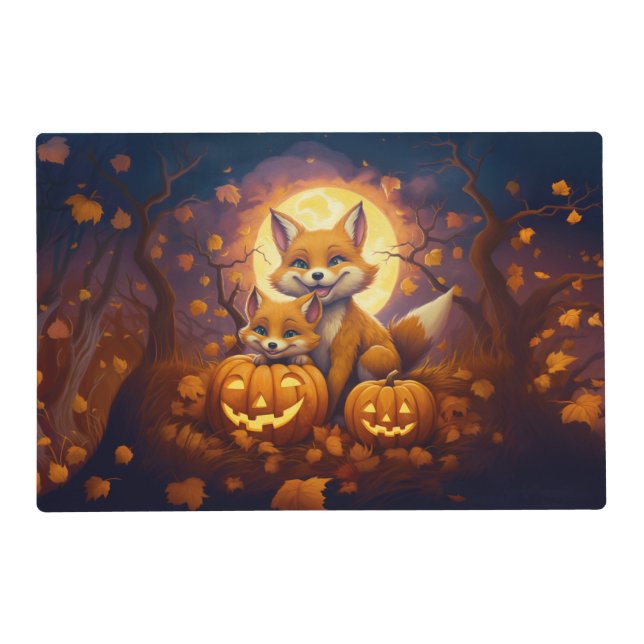 Cute foxes celebrate happy Halloween Placemat (Front)