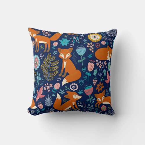 Cute Foxes  Colorful Flowers Pattern Throw Pillow