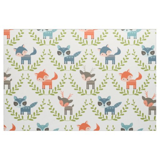 Cute Foxes & Deer With Green Wreath Pattern Fabric