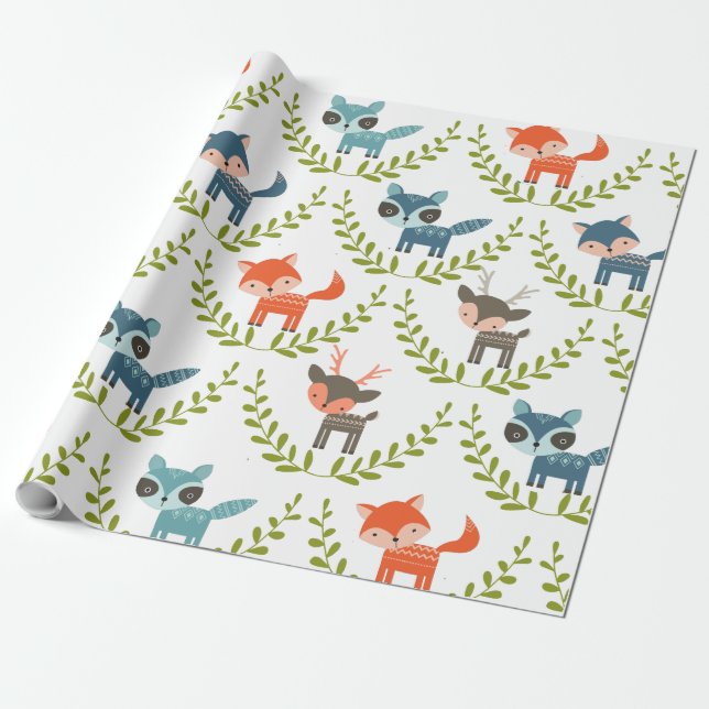 Cute Foxes & Deers On Green Wreath Wrapping Paper (Unrolled)