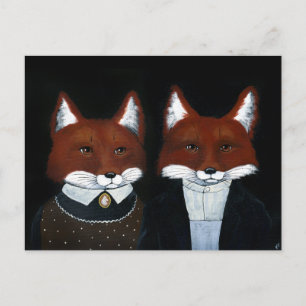 Cute Foxes Folk Art, American Gothic postcard