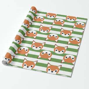Cute Foxes & Green Stripes Wrapping Paper