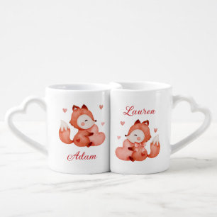 Cute Foxes in Love Hearts Valentine's Couple Coffee Mug Set