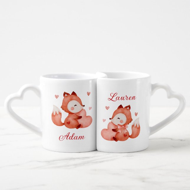 Cute Foxes in Love Hearts Valentine's Couple Coffee Mug Set (Front Nesting)