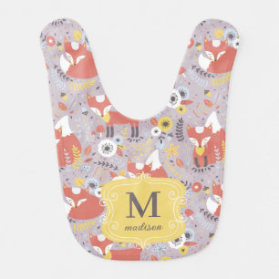 Cute Foxes Monogram Modern Adorable Yellow Custom Baby Bib