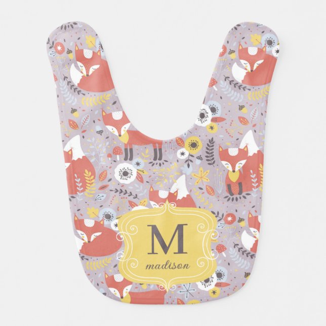 Cute Foxes Monogram Modern Adorable Yellow Custom Baby Bib (Front)