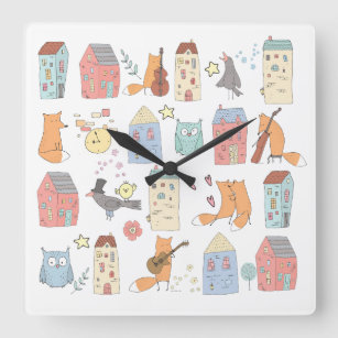 Cute foxes/owls/houses/kids/nursery white square wall clock