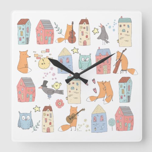 Cute foxesowlshouseskidsnursery white square wall clock