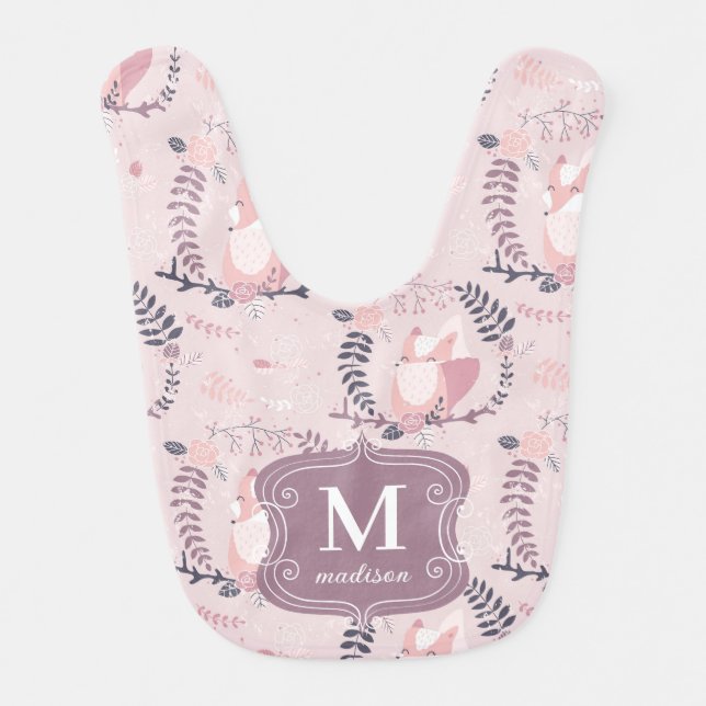 Cute Foxes Pink Monogram Modern Adorable Girly Baby Bib (Front)