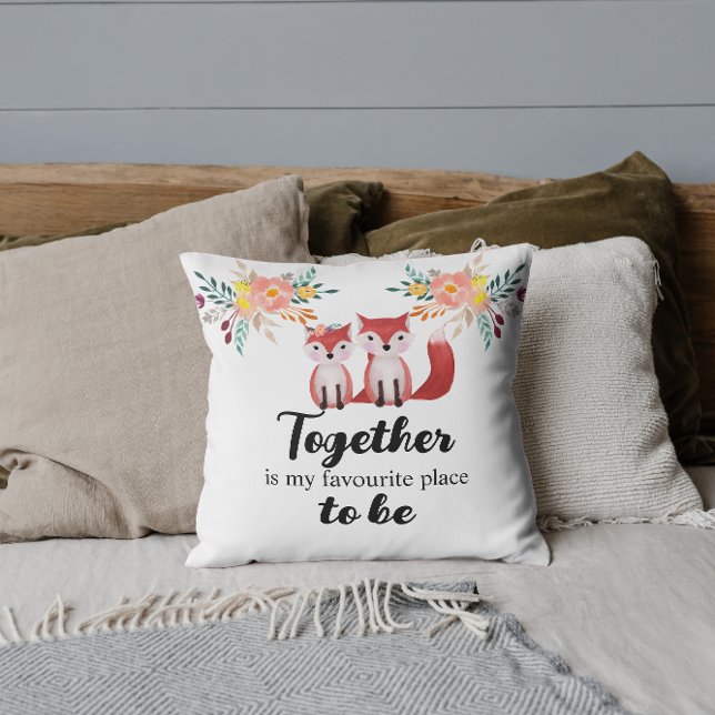 Cute Foxes Together is my Favourite Place Floral Throw Pillow (Creator Uploaded)