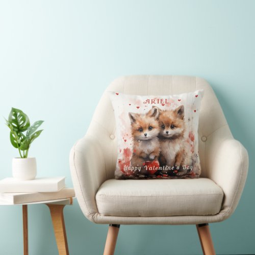 Cute Foxes Valentines Day Red Hearts  Throw Pillow