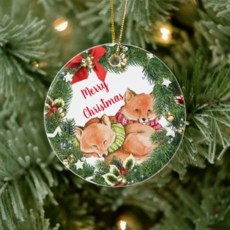 Cute Foxes with Holiday Wreath Round Ceramic Ornament