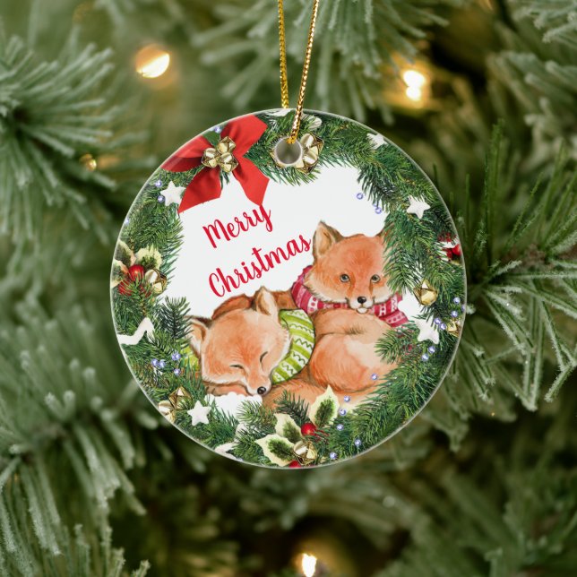Cute Foxes with Holiday Wreath Round Ceramic Ornament (Tree)