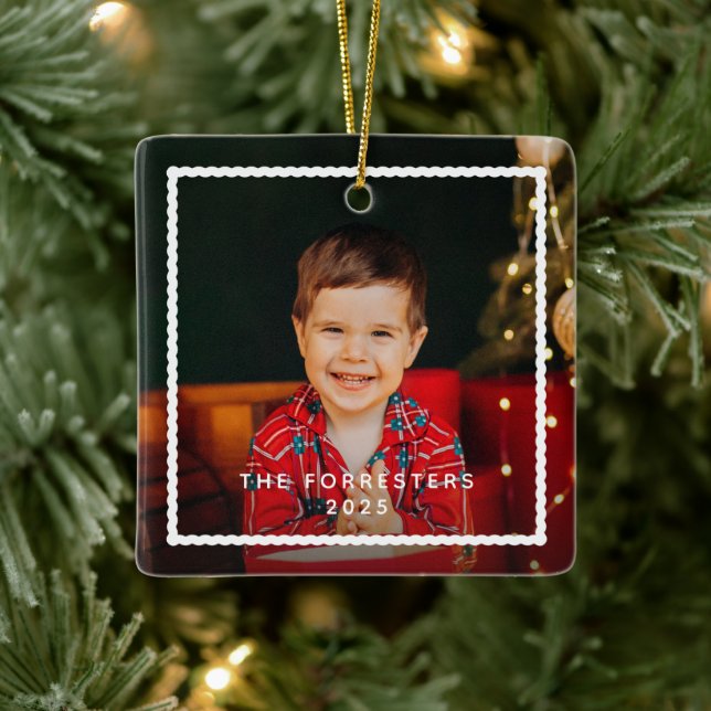 Cute frame simple two photo holiday Christmas Ceramic Ornament (Tree)