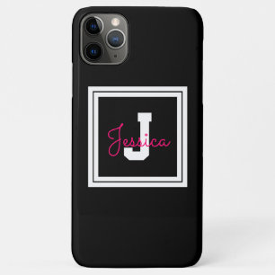 Cute Framed Name & Monogram   Black White & Pink iPhone 11 Pro Max Case