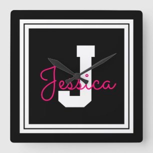 Cute Framed Name & Monogram Black White & Pink Square Wall Clock