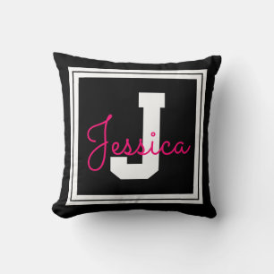 Cute Framed Name & Monogram Black White Pink Throw Pillow