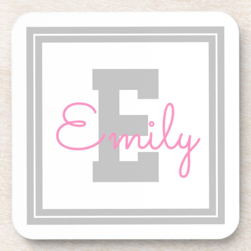 Cute Framed Name  Monogram  Light Gray  Pink Beverage Coaster