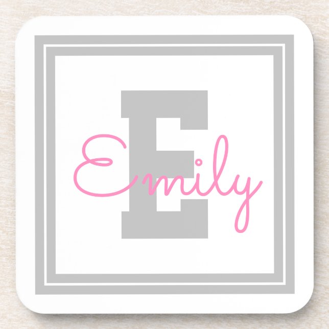 Cute Framed Name & Monogram | Light Gray & Pink Beverage Coaster (Front)