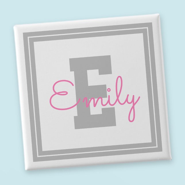 Cute Framed Name & Monogram | Light Gray & Pink Button (Creator Uploaded)