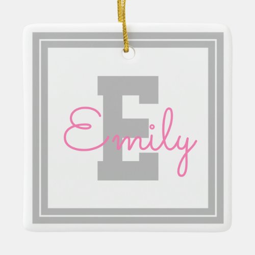 Cute Framed Name  Monogram  Light Gray  Pink Ceramic Ornament