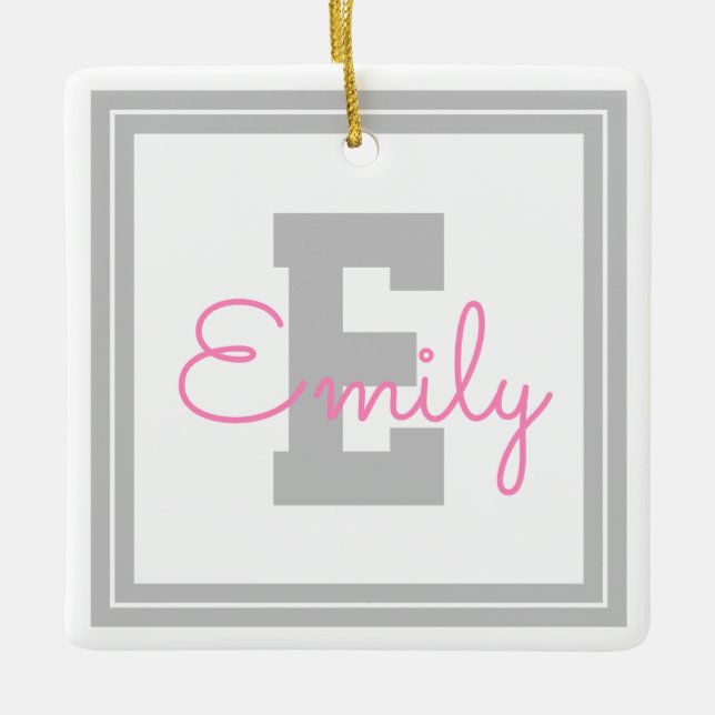 Cute Framed Name & Monogram | Light Gray & Pink Ceramic Ornament (Front)