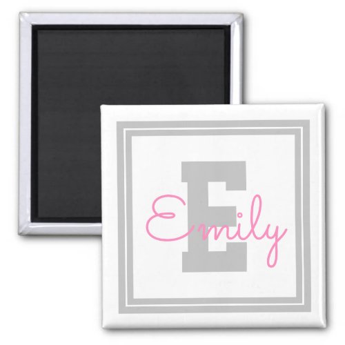 Cute Framed Name  Monogram  Light Gray  Pink Magnet