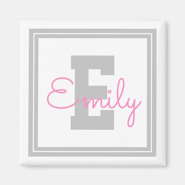 Cute Framed Name & Monogram | Light Gray & Pink Magnet (Front)