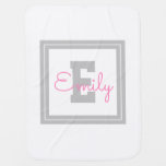 Cute Framed Name &amp; Monogram | Light Grey &amp; Pink Baby Blanket at Zazzle