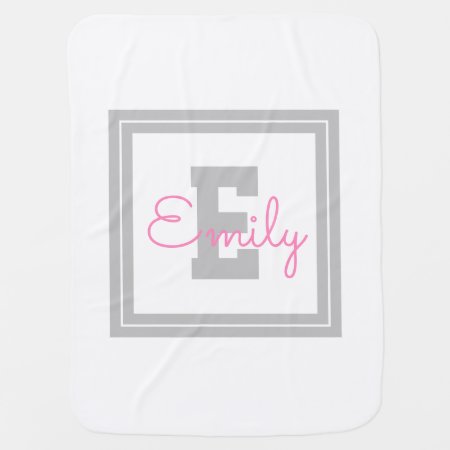 Cute Framed Name & Monogram | Light Grey & Pink Baby Blanket