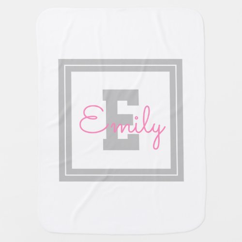 Cute Framed Name  Monogram  Light Grey  Pink Baby Blanket